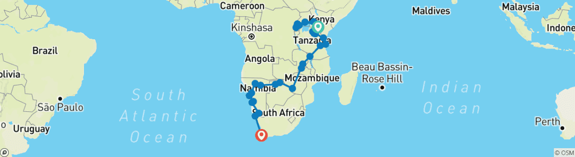 Map of Africa Encompassed Southbound (40 destinations)