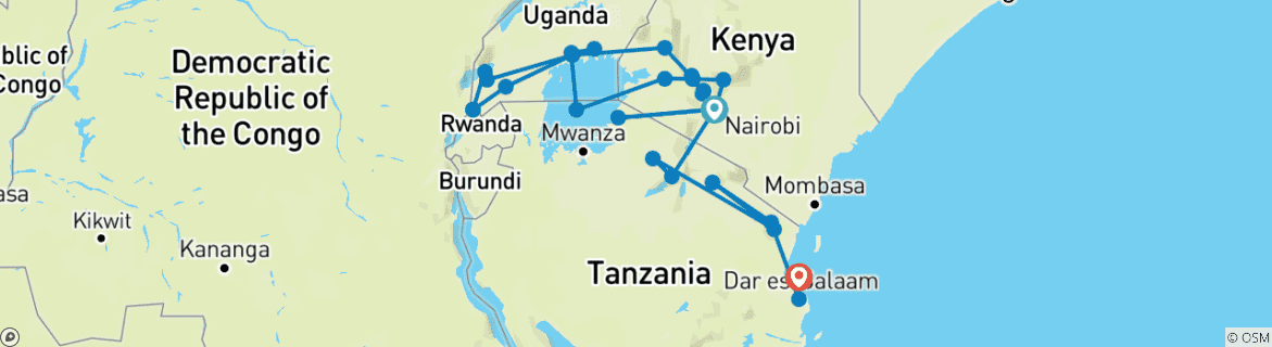 Image of a map showing the route of the tour