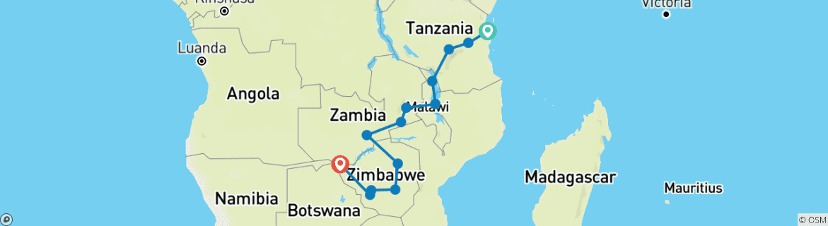 Map of Zanzibar to Vic Falls