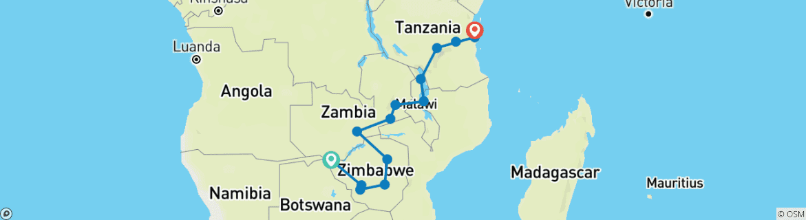 Map of Vic Falls to Zanzibar (14 destinations)