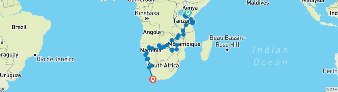 Map of Kenya to Cape Town (31 destinations)