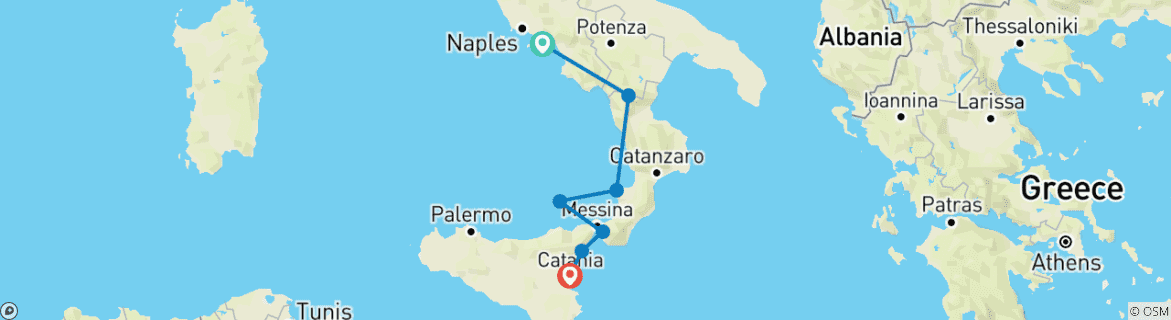 Map of Italy: Highlights of Calabria (from Amalfi to Catania)