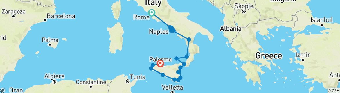 Map of Rome to Sicily (40 destinations)