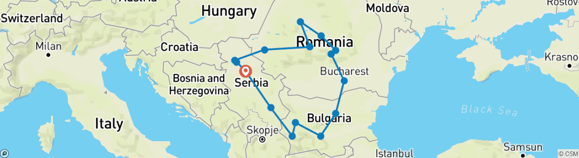 Kaart van Semi-Privé Rondreis; Servië, Bulgarije & Roemenië van / naar Belgrado