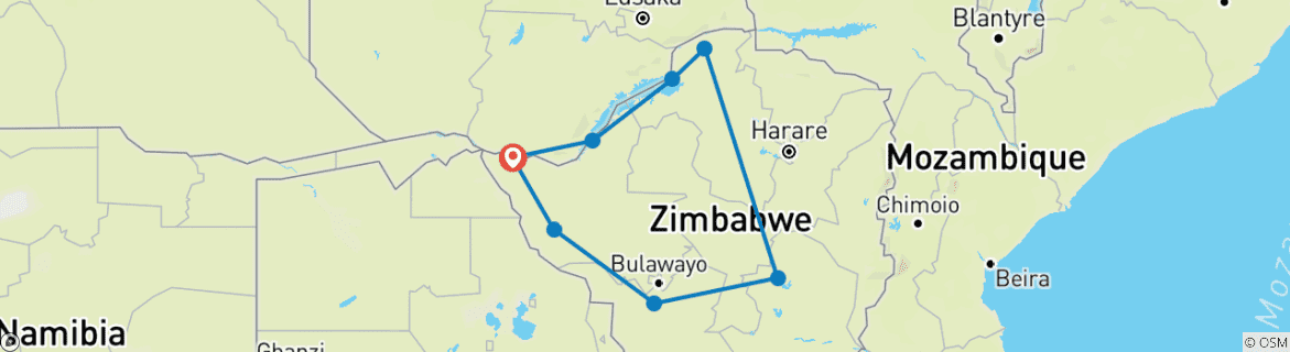 Map of Zimbabwe – 14 Days Highlights Victoria Falls Ruins Safari