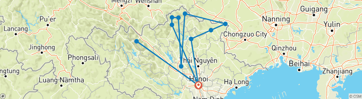 Map of Unique Northeast Adventure Vietnam : Ha Giang,Ban Gioc Waterfall, Ba Be Lake, Sapa, Fansipang - 7Days/6Nights