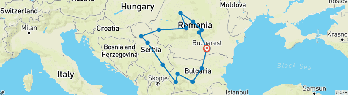 Kaart van Kleine Groepsreis; Roemenië, Servië & Bulgarije van / naar Boekarest