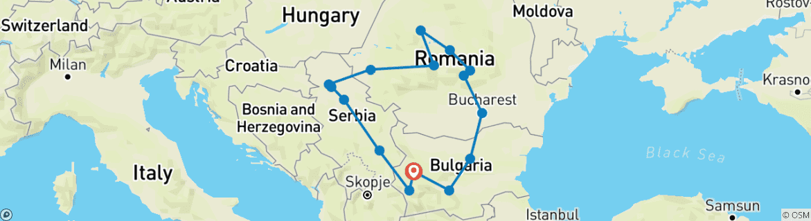 Map of Semi-Private Tour; Bulgaria, Romania & Serbia from / to Sofia