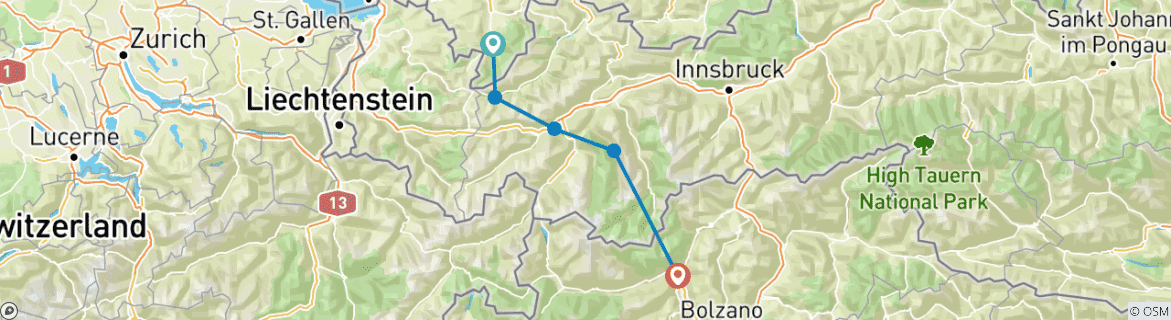 Map of Crossing the Alps E5 from Oberstdorf to Merano With Charme