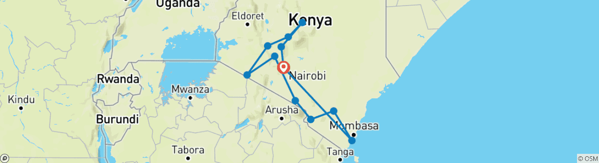 Map of 21days Private safari covering Mt Kenya, Ol Pejeta, Lake Nakuru, Hells gate, Maasai Mara, Amboseli, Tsavo and Diani Beach Holiday