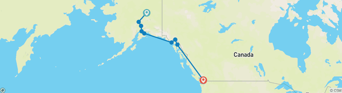 Map of Alaska Discovery Land & Cruise featuring a 7-night Holland America Cruise (Fairbanks, AK to Vancouver, BC)