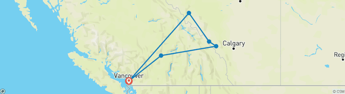 Map of 7-Day Rockies Railway Roundtrip｜VIA & Rocky Mountaineer First Passage To The West + Unique Rockies｜Vancouver Departure