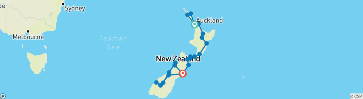 Map of Ultimate New Zealand Self-Drive and Stay 32 Days