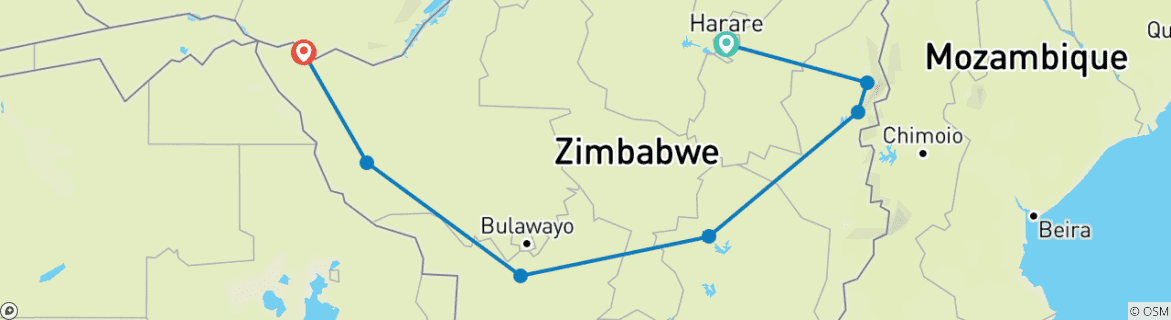 Map of Zimbabwe Explorer – 12 Days Victoria Falls Ruins Parks and Cities