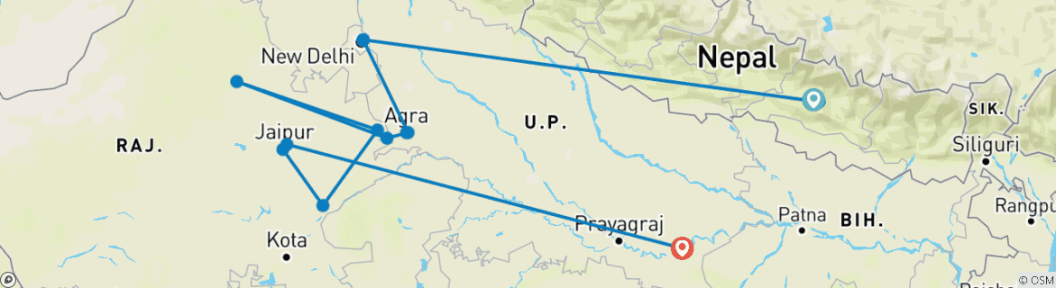 Image of a map showing the route of the tour
