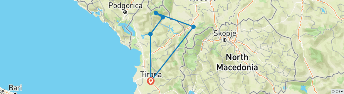 Map of Komani Lake, Valbona Valley and Prizren - 2 Days Tour from Tirana