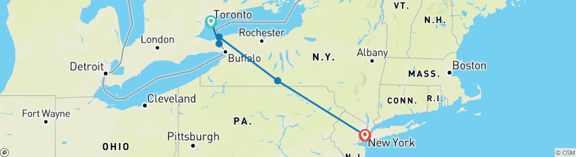 Image of a map showing the route of the tour