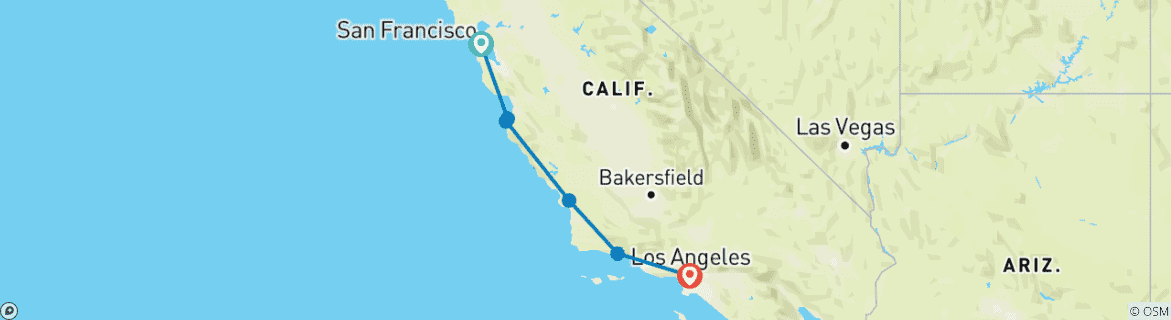 Carte du circuit De San Francisco à Los Angeles (6 destinations)