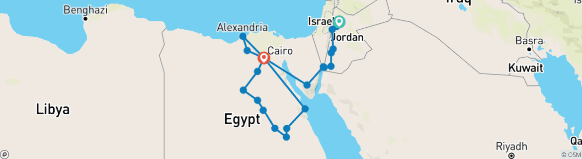 Map of All Jordan and Egypt by land (23 destinations)