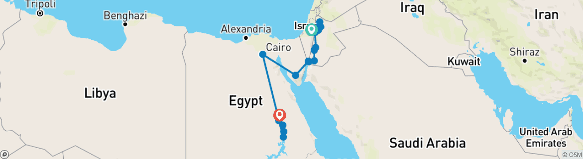 Map of Jerusalem, Jordan and the Nile Valley (18 destinations)