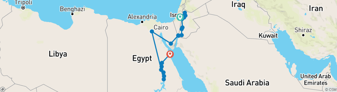 Map of Jerusalem, Jordan and Eternal Egypt with Hurghada end Cairo (from Jerusalem to Hurghada)