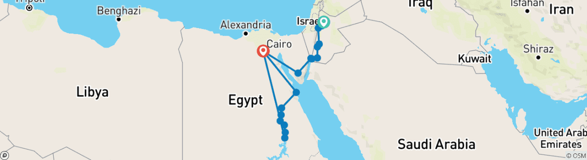 Map of Magical Jordan, Beauties of the Nile and Hurghada end Cairo (19 destinations)