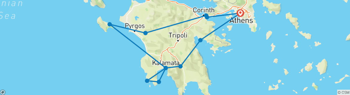 Map of Greece: Peloponnese meets Zakynthos Overland Tour