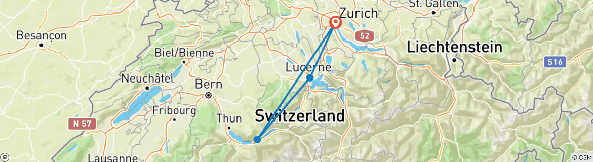 Kaart van Reis door Zwitserland – verblijf in Luzern & Zürich – 5 dagen