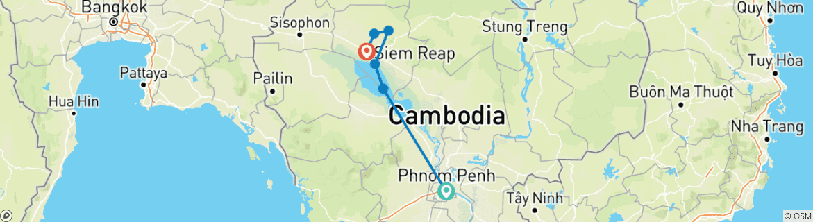 Kaart van Cambodja Culturele Reis 7 Daagse Privé Tour van Phnom Penh naar Siem Reap
