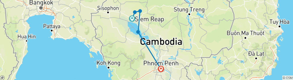 Karte von Flusskreuzfahrt & Überlandfahrt von Siem Reap nach Phnom Penh (privat) 7 Tage