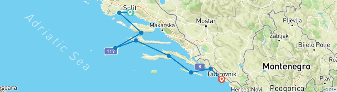 Foto van een kaart met de route van de rondreis