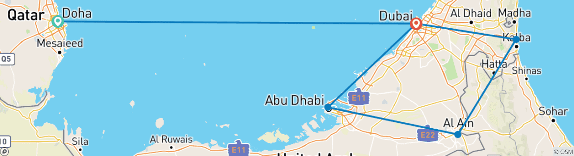 Map of Bahrain, Qatar, Dubai and Arab Emirates (from Doha to Dubai)