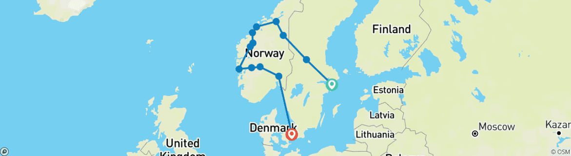 Carte du circuit Fjords légendaires - Fin à Copenhague