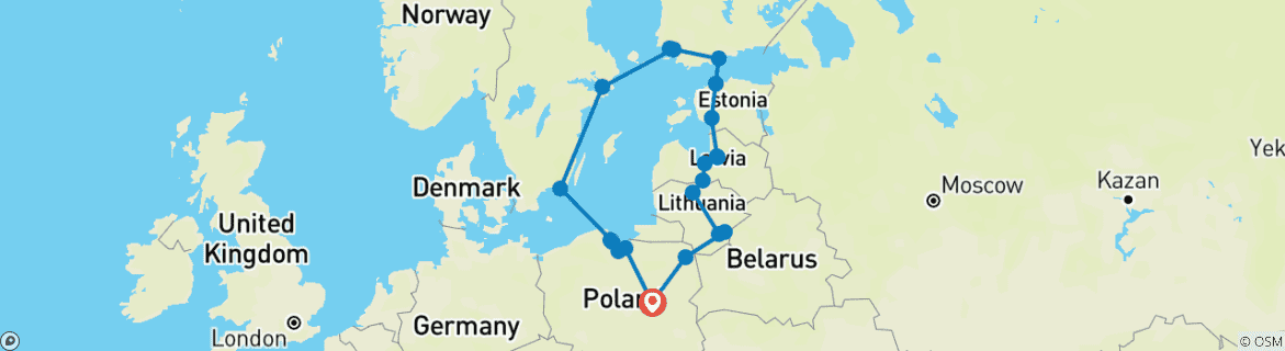Image of a map showing the route of the tour