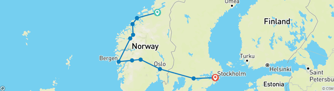 Image of a map showing the route of the tour