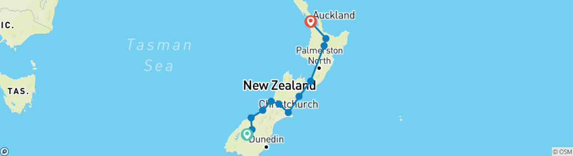 Map of New Zealand Panorama (Northbound, 16 Days)