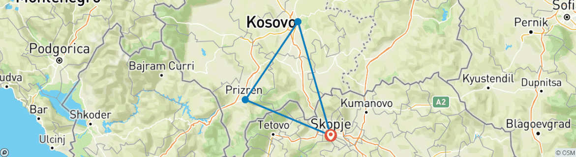 Mapa de Viaje en grupo pequeño a Kosovo: Pristina y Prizren desde Skopje