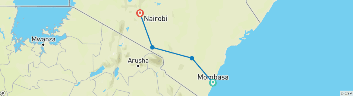 Map of 3 Days Kenya Coast To Nairobi Tour