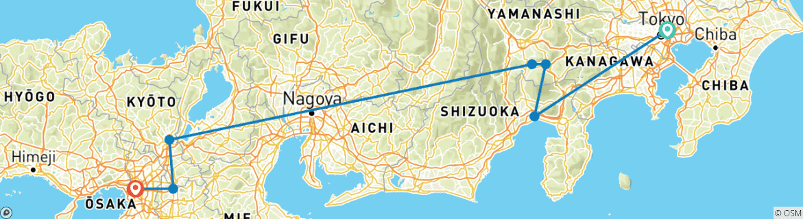 Mapa de Circuito clásico de Tokio y Kansai de 7 días personalizado (guía y conductor privados）