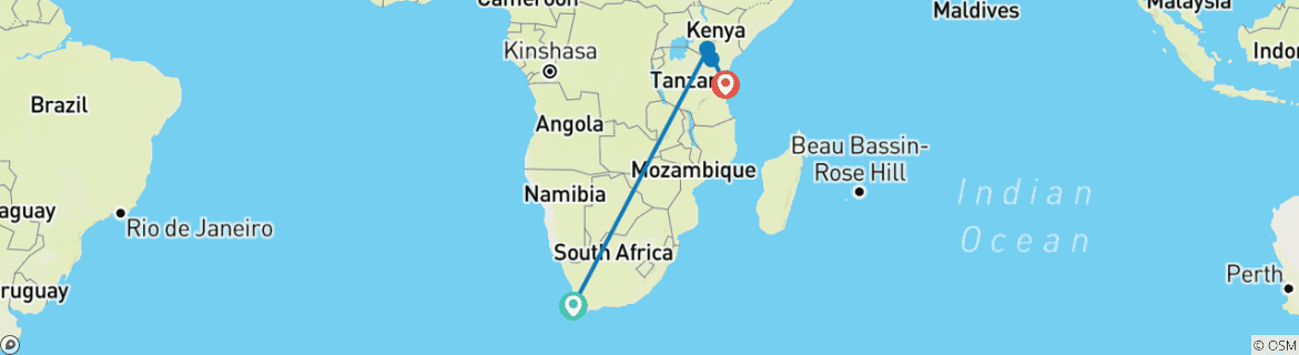 Map of Cape Town, Kenya & Zanzibar: Safari Nights to Island Vibes