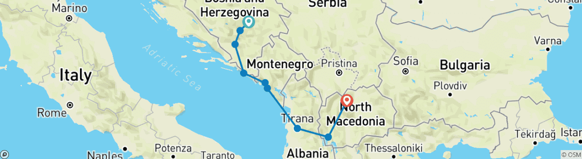 Karte von Balkan: Bosnien, Kroatien, Montenegro, Albanien & N. Mazedonien 7 Tage