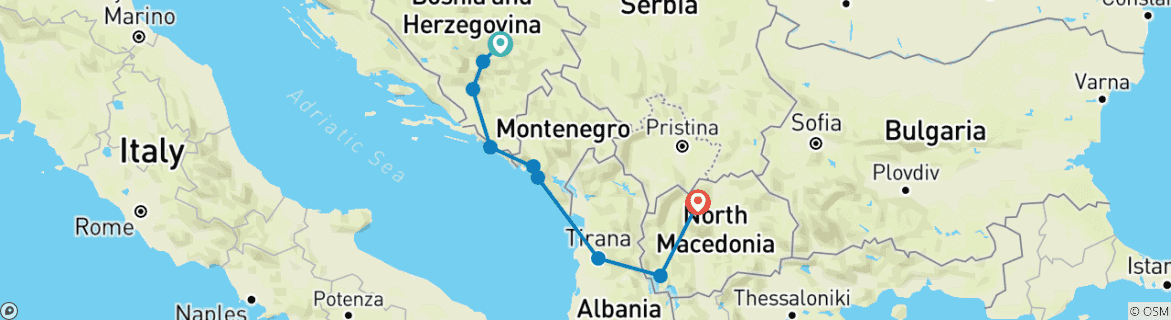 Mapa de Recorrido por los Balcanes 5 países en 7 días: Bosnia - Croacia - Montenegro - Albania - N. Macedonia