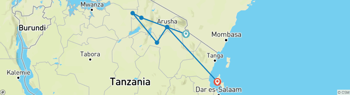 Map of 12 Days Honeymoon Tanzania and Zanzibar