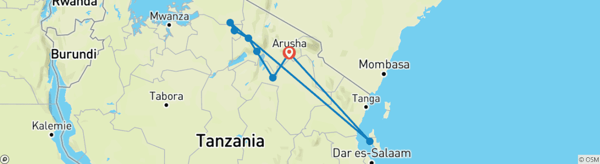 Map of 7 Days Safari and Zanzibar with Flights and Accommodation