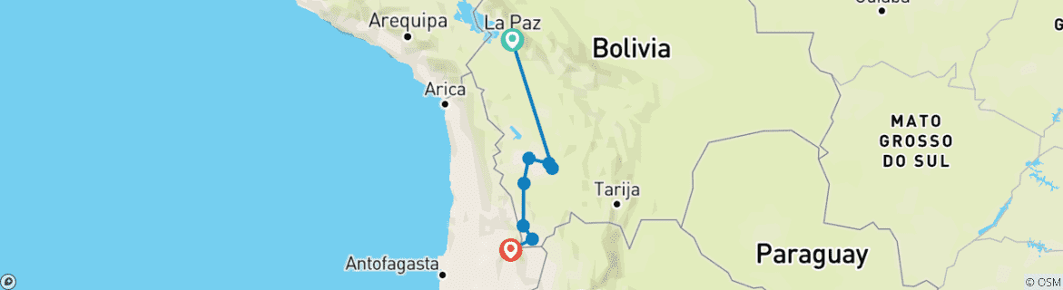 Map of From La Paz: Uyuni Salt Flats ending in Atacama