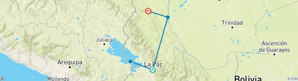 Mapa de 12 días Bolivia, caminata por los Andes y expedición amazónica