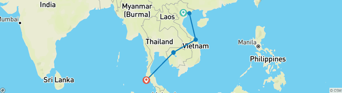 Map of Majestic Vietnam, Cambodia and Thailand In 10 Days - Private Tour