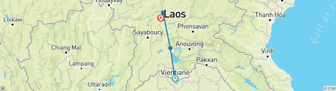 Map of Laos 7 Days tour from Vientiane to Vang Vieng and Luang Prabang