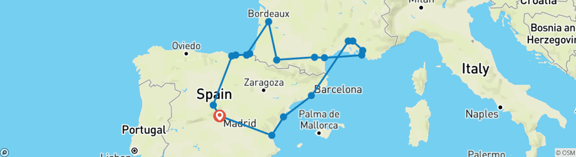 Image of a map showing the route of the tour