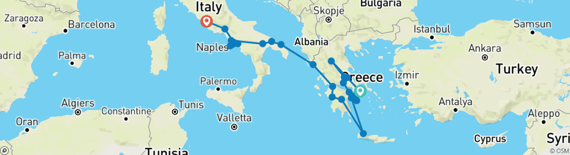 Carte du circuit Grèce complète avec les Pouilles et la Campanie (24 destinations)